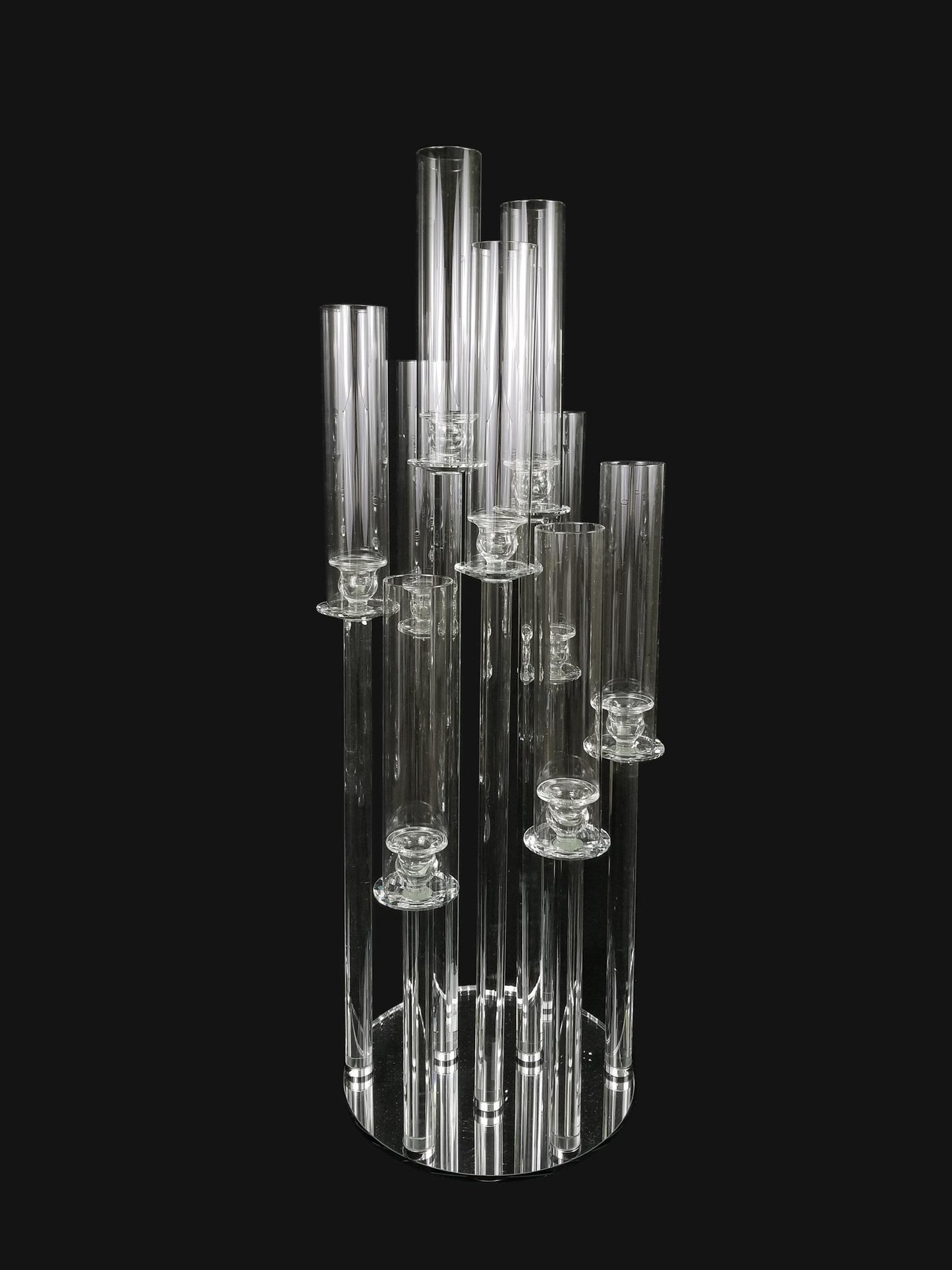 CCH6665-1S - 9 Head Candlestick Holders with Hurricane Tubes Wedding Table Centerpiece 35"