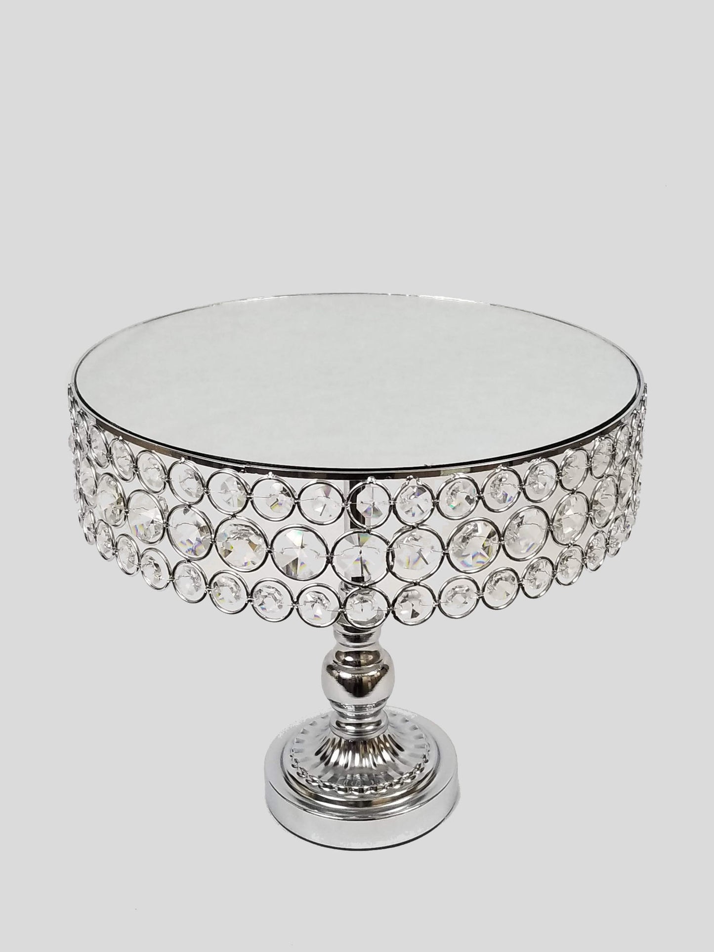 CS-3027-SN - 12" Silver Sparkling Crystal Beaded Cake Stand with Mirrored Top