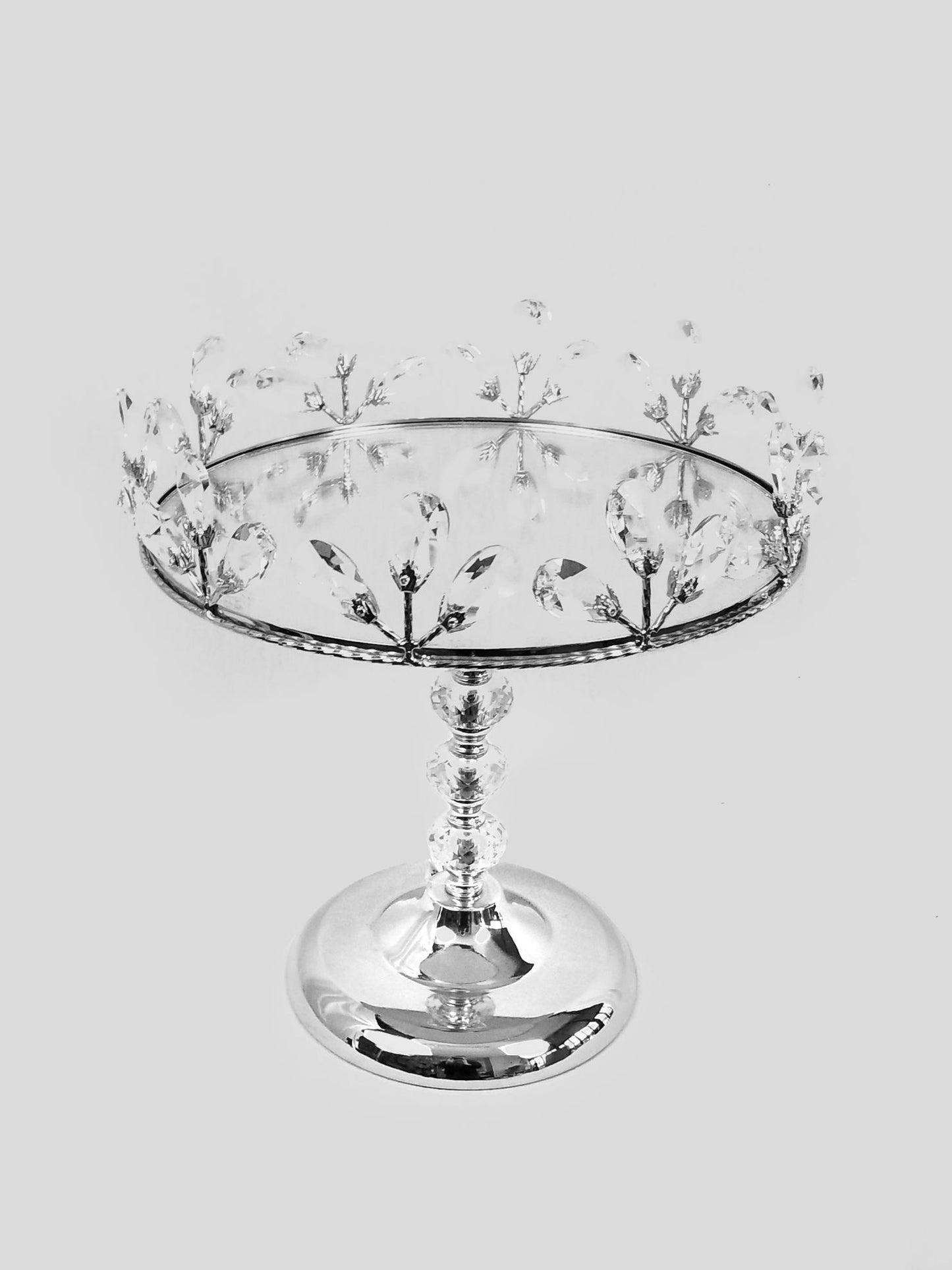 CH5445 SL - 12" Silver Sparkling Crystal Beaded Cake Stand with Mirrored Top