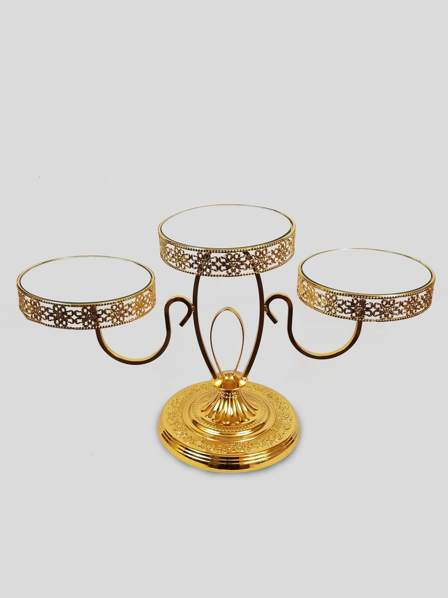 H2109 - 3 Joined Metal Gold Cake Stands with 8" Mirrored Tops