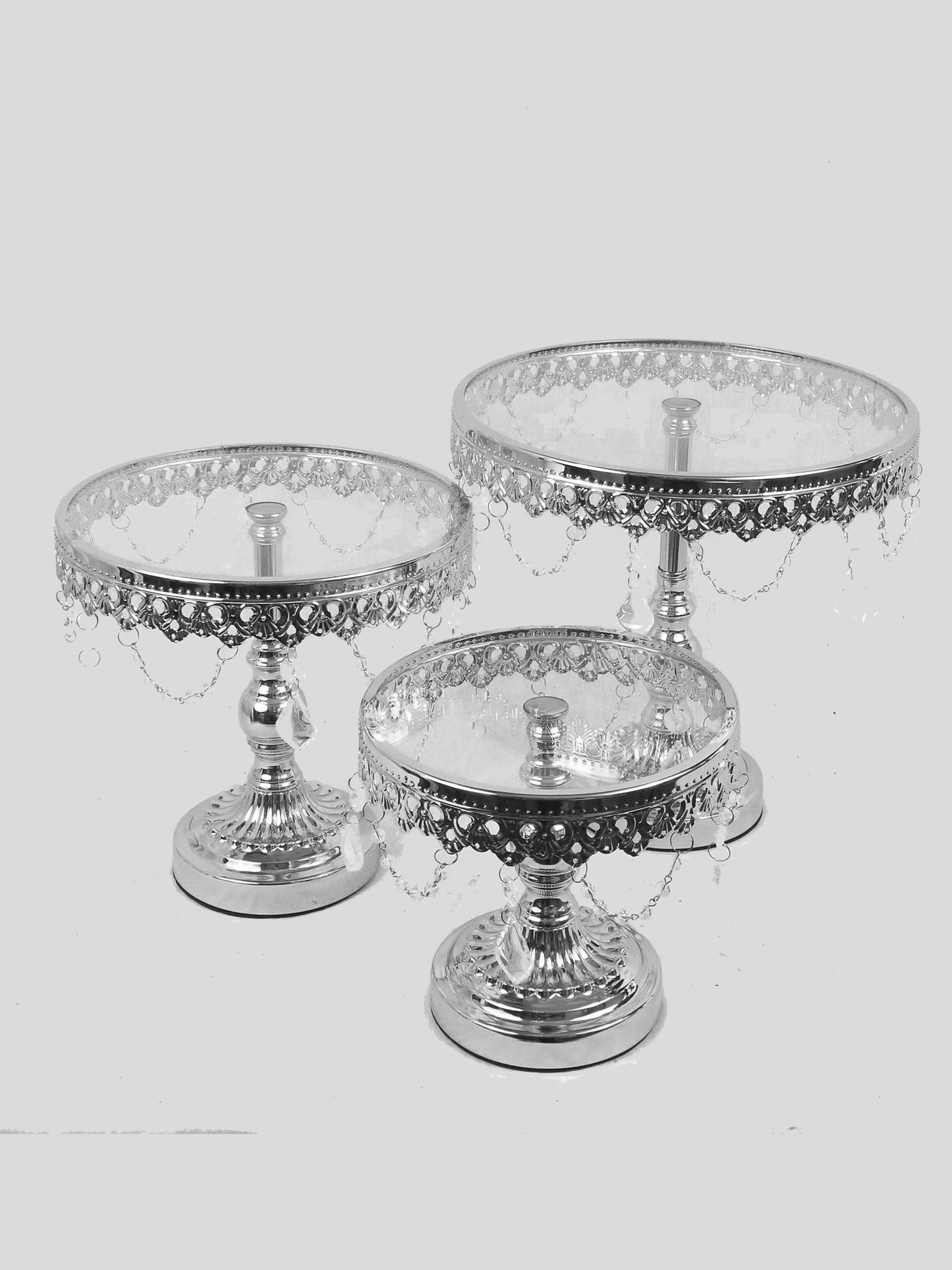 KK3 SL - Silver Set of 3 Round Metal Cake Stand With Glass Top