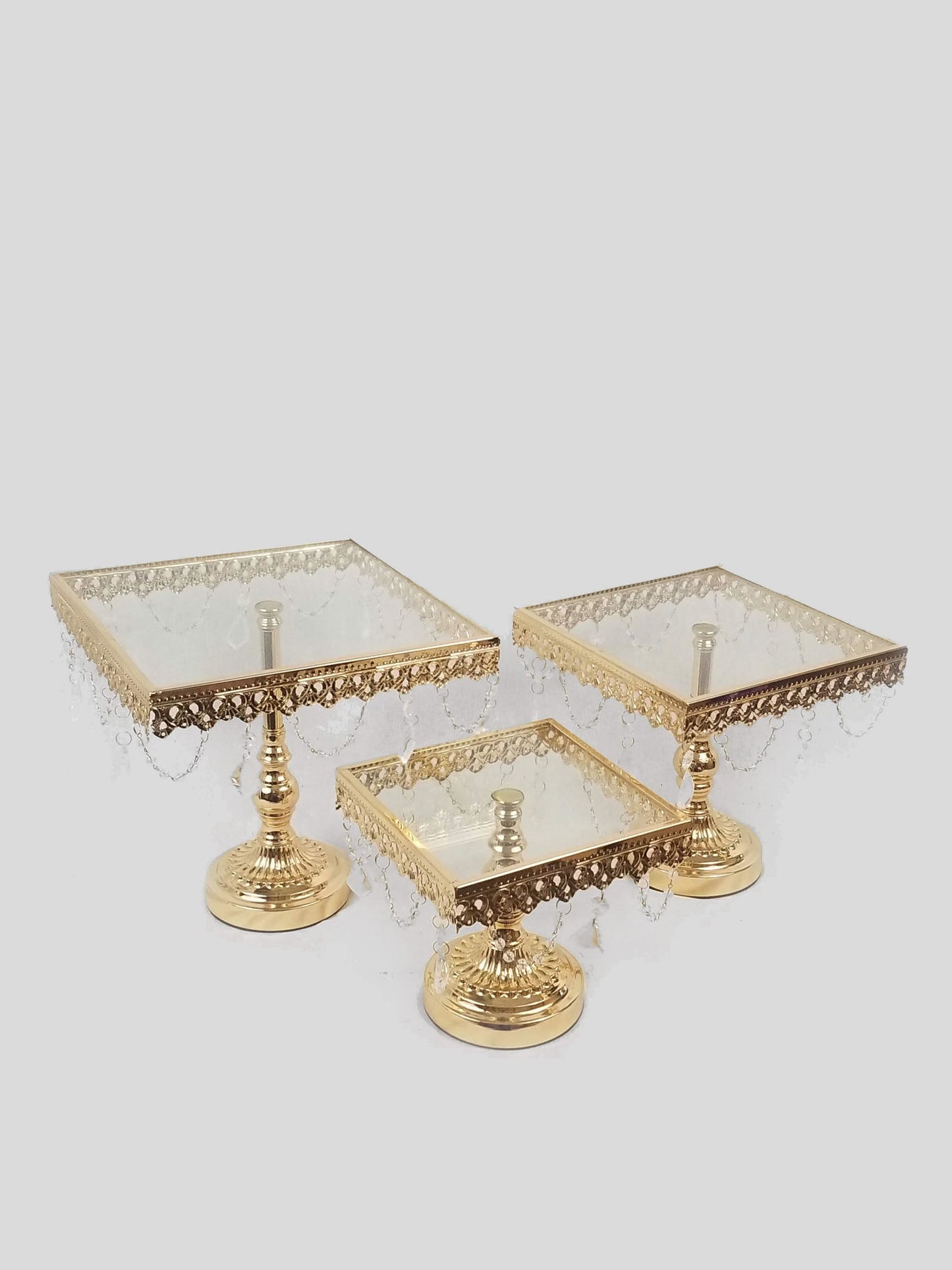 KK8 GD - Gold Set of 3 Square Metal Cake Stand With Glass Top