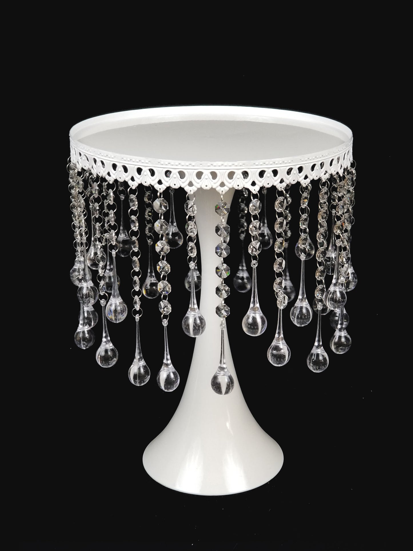 CH015 WT - 12" Tall White Metallic Trumpet Cake Riser Stand With Acrylic Crystal Chains