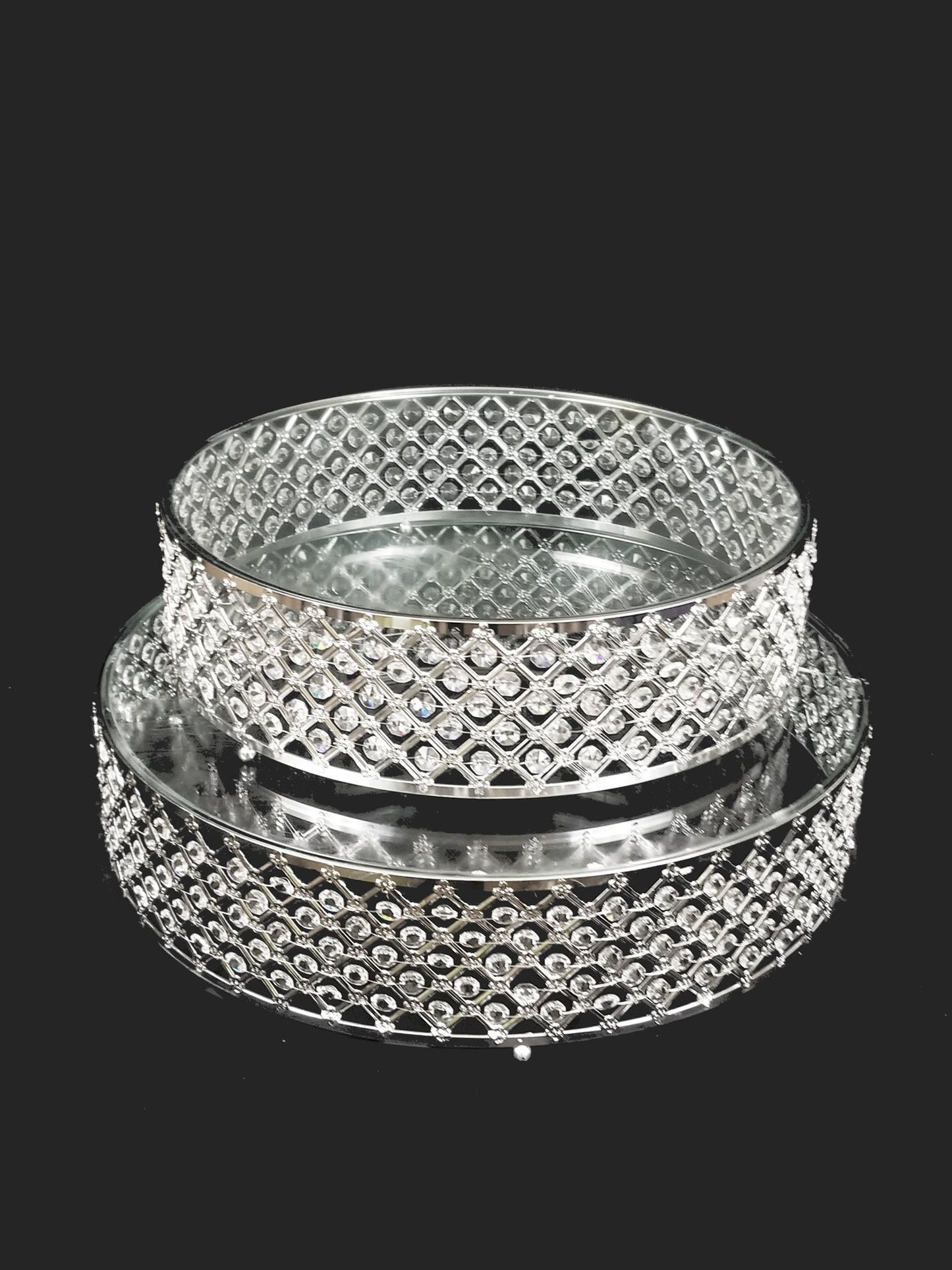 18PF0707 M/L - 18"/22" Silver Crystal Beaded Metal Riser Cake Stand with Clear Glass Top