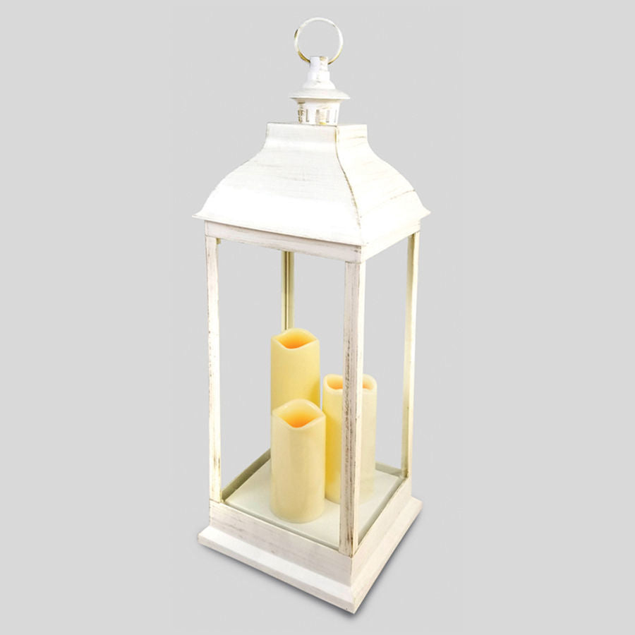 2628 - 28" Tall White Plastic Lantern with 3 LED Candle