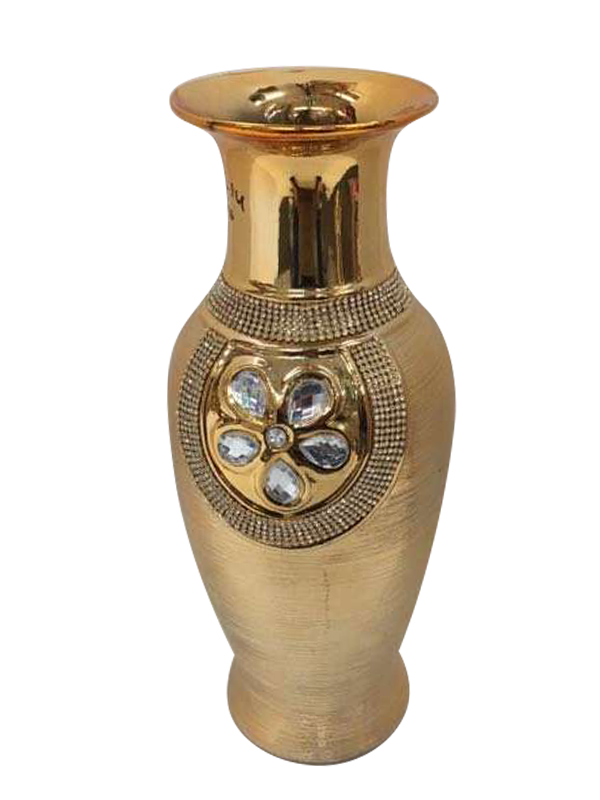 447-1U - Gold Vase Elegant Ceramic with Crystal Detail 17"