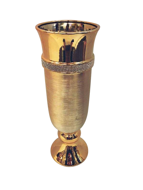 535-1 - Gold Vase Elegant Ceramic with Crystal Detail 19"