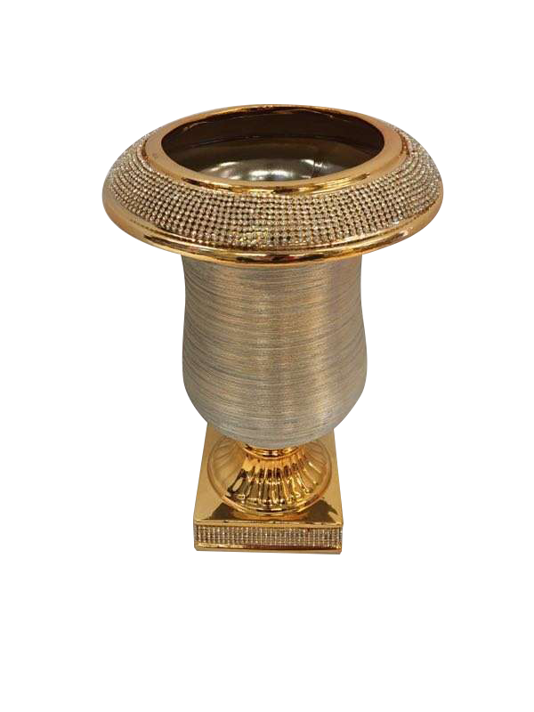 597-1 - Gold Vase Elegant Ceramic with Crystal Detail 14"