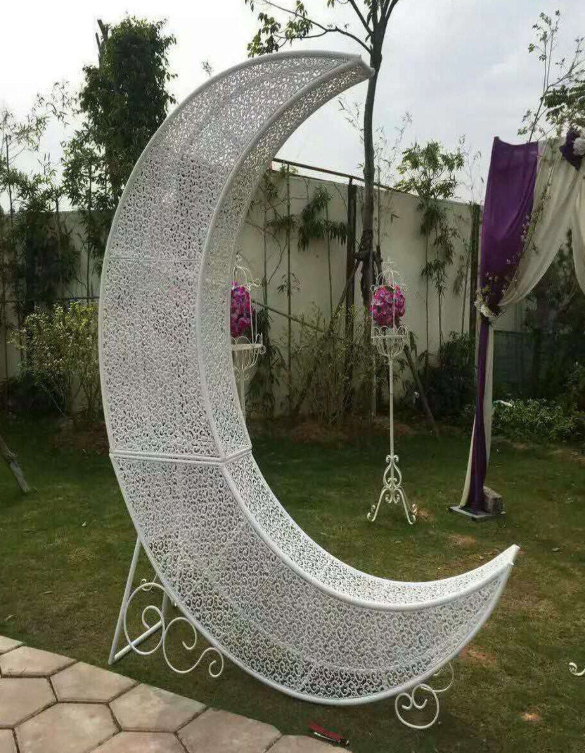 82" Tall Wedding Large White Metal Crescent Moon