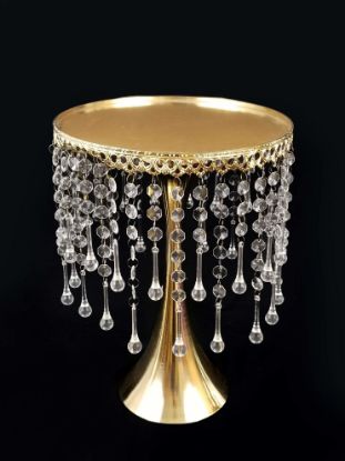 Picture of CH015 GD - 12" Tall Gold Metallic Trumpet Cake Riser Stand With Acrylic Crystal Chains