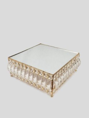 Picture of 18PF0605-M - 12" Square Gold Cake Stand Crystal Beaded with Mirror Topped