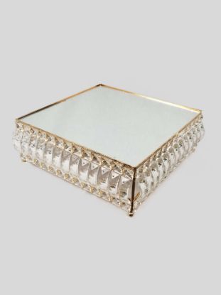 Picture of 18PF0605-L - 14" Square Gold Cake Stand Crystal Beaded with Mirror Topped