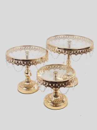 Picture of KK3 GD - Gold Set of 3 Round Metal Cake Stand With Glass Top
