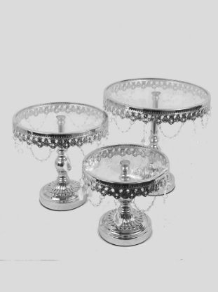 Picture of KK3 SL - Silver Set of 3 Round Metal Cake Stand With Glass Top
