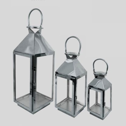 Picture of L423 Silver - Set of 3 Crown Top Stainless Steel Metal Lantern Centerpieces, Outdoor Candle Lanterns