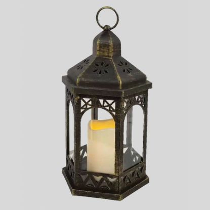 Picture of 2638 - 12.5" Tall Black Plastic Lantern and Rustic Hexagon Design With LED Candle