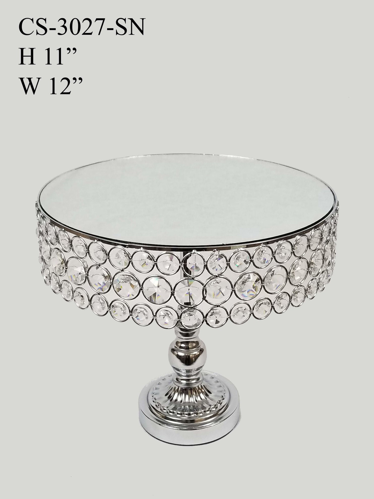 CS-3027-SN - 12" Silver Sparkling Crystal Beaded Cake Stand with Mirrored Top