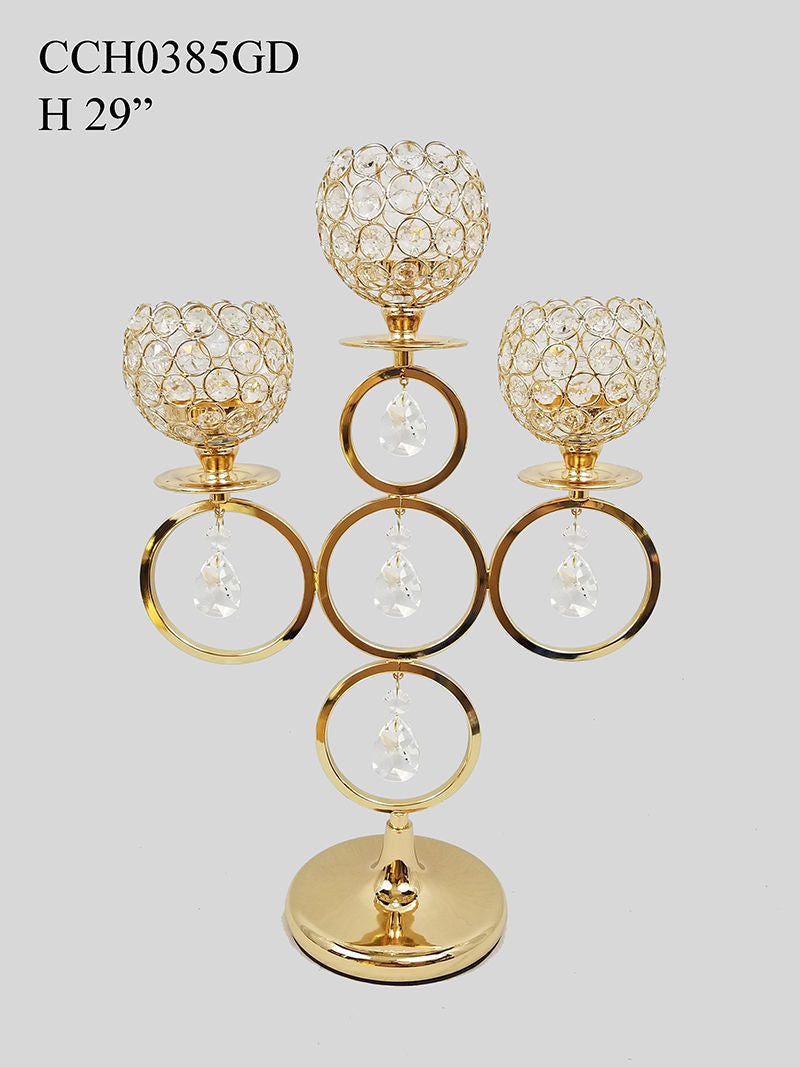 CCH0385 Gold - Gold 3 Arm Candle Holder with Crystal and Hoops Design 29"