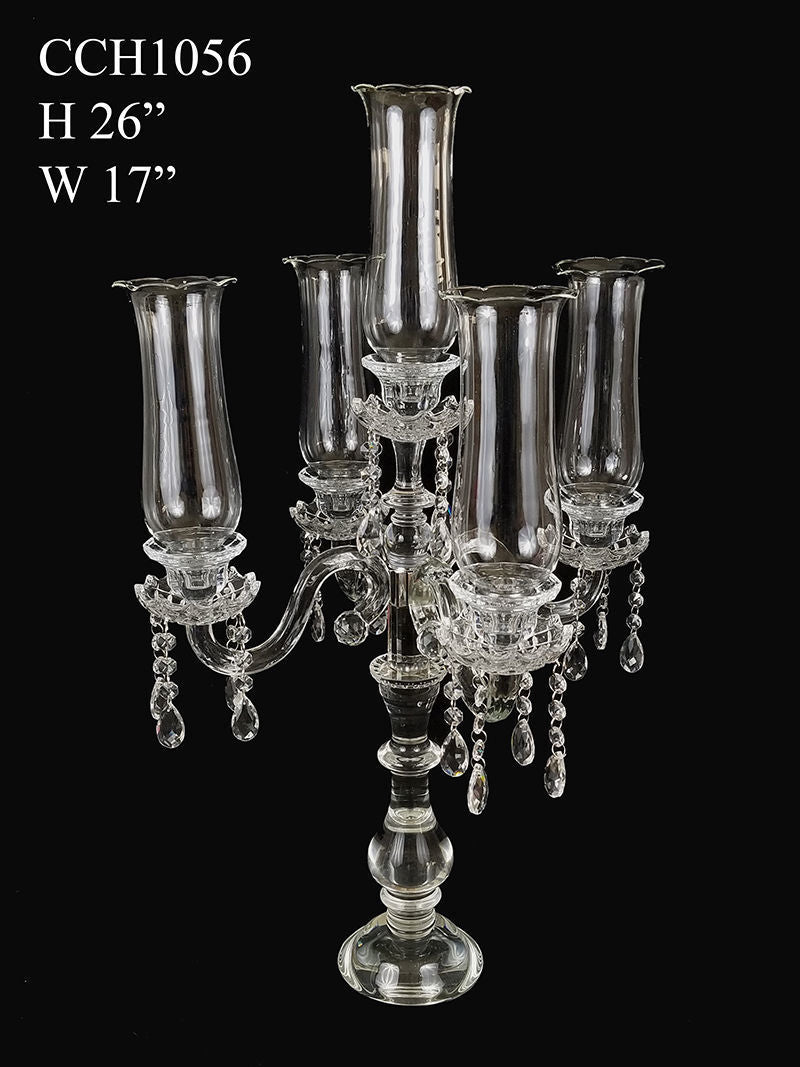 CCH1056 - Tall 5 Arm Premium Gem Cut with Hurricane Taper Crystal Glass Candle Holder 26"
