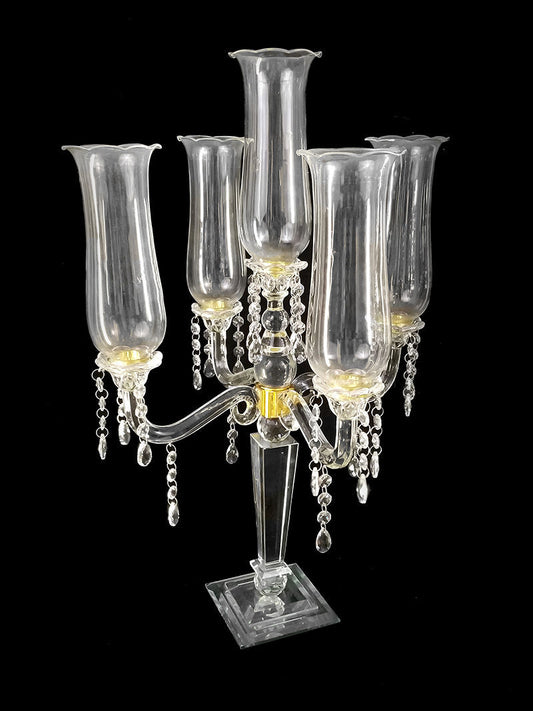 CH3035 - 5 Arm Premium Gem Cut with Hurricane Taper Crystal Glass Candle Holder with Gold Detail 25"