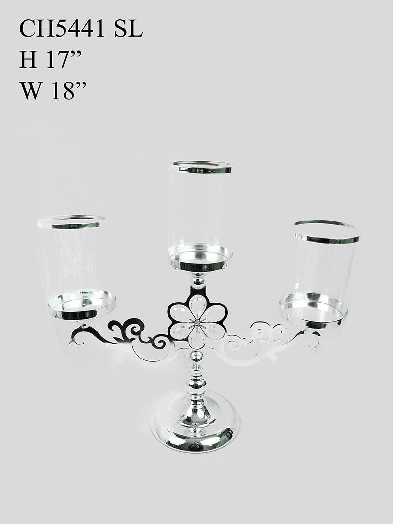 CH5441 Silver - Trio Hurricane Glass Candle Holder  With Flower Crystal Design
