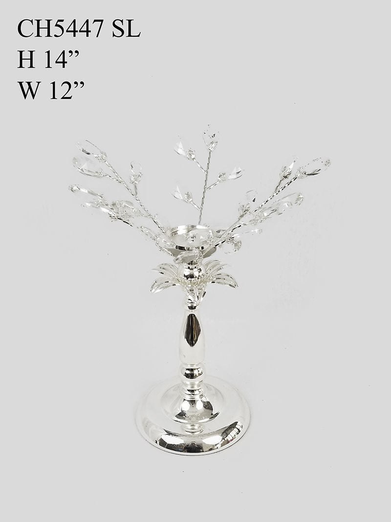 CH5447 Silver - Candle Holder With Flower Crystal Design