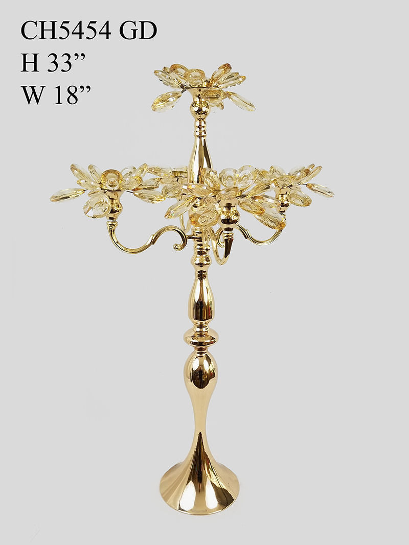 CH5454 Gold -  Tall 5 Arm Gold Crystal Flower Head Metal Candelabra Candle Holder