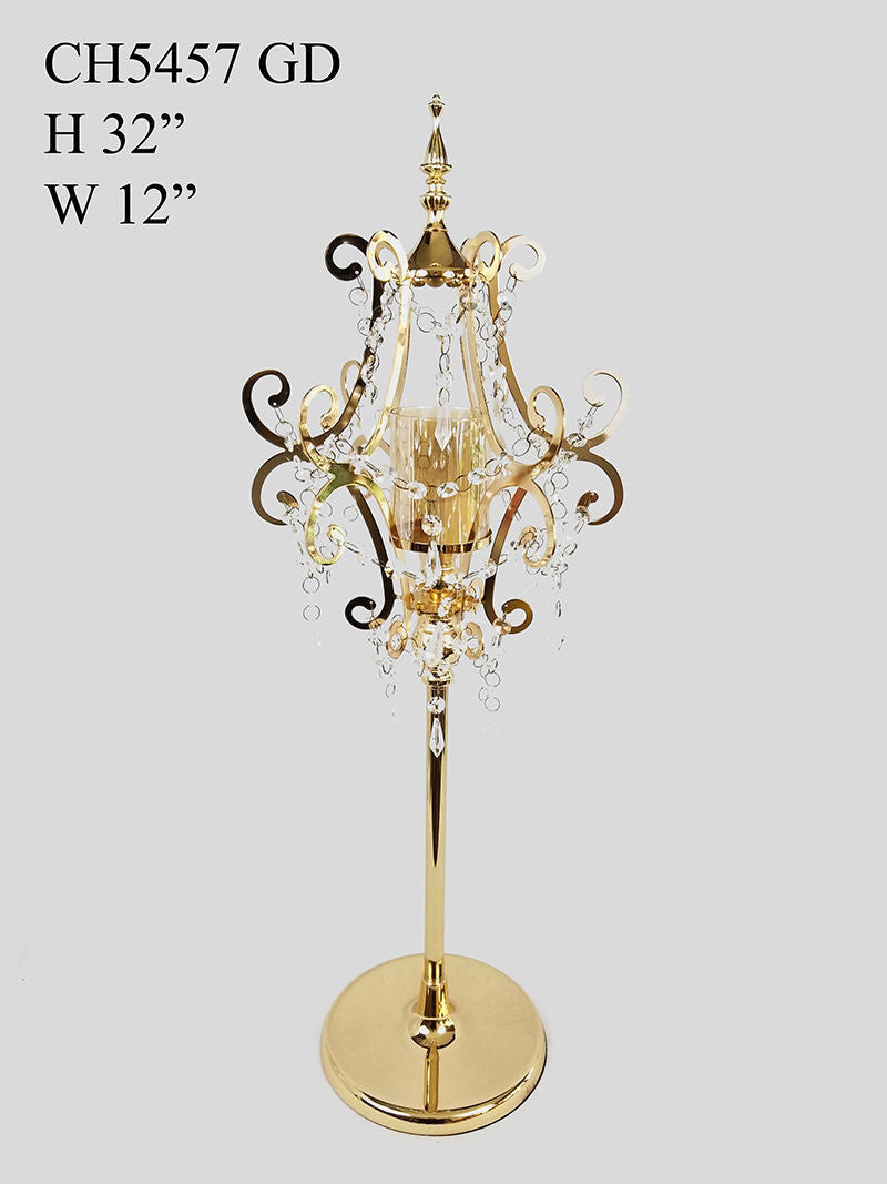 CH5457 Gold - Candle Holder With Pentagon Crystal Design and Hurricane Glass Tube