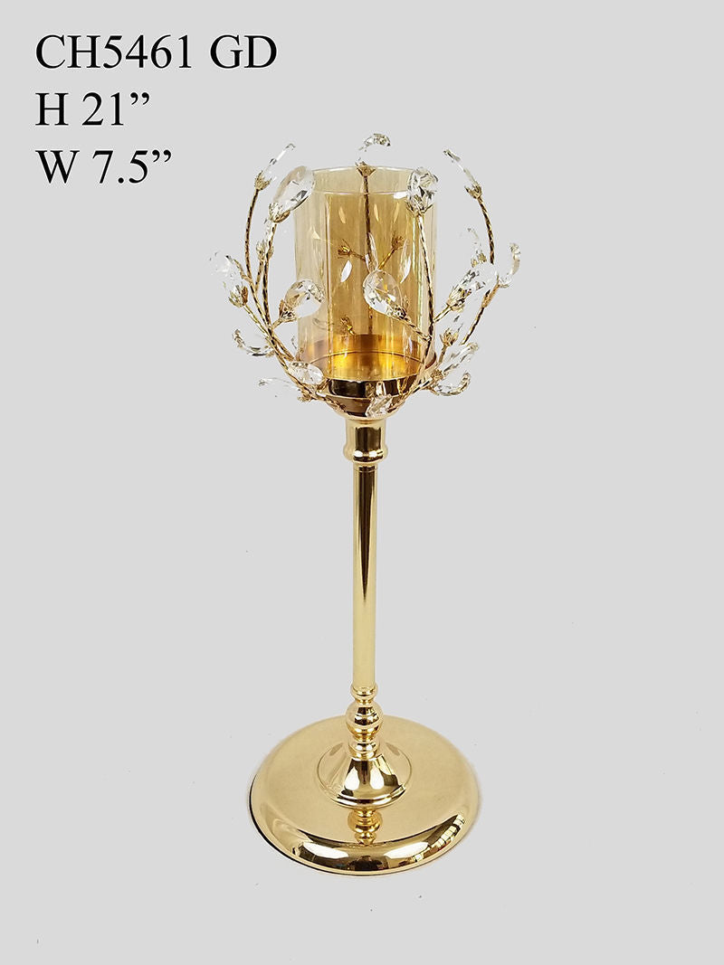 CH5462 Gold - Candle Holder With Flower Crystal Design and Hurricane Glass Tube