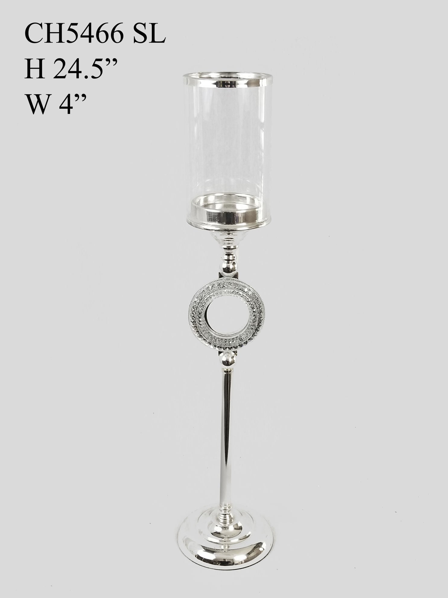 CH5466 Silver - Candle Holder With Circle Crystal Design and Hurricane Glass Tube
