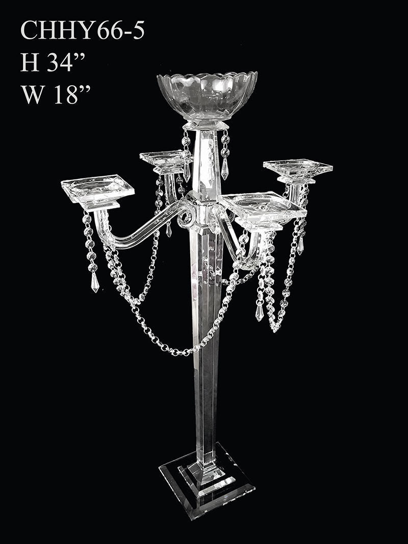 CHHY66-5 - Tall 4 Arm Premium Gem Cut Crystal Glass Candle Holder with Flower Holder