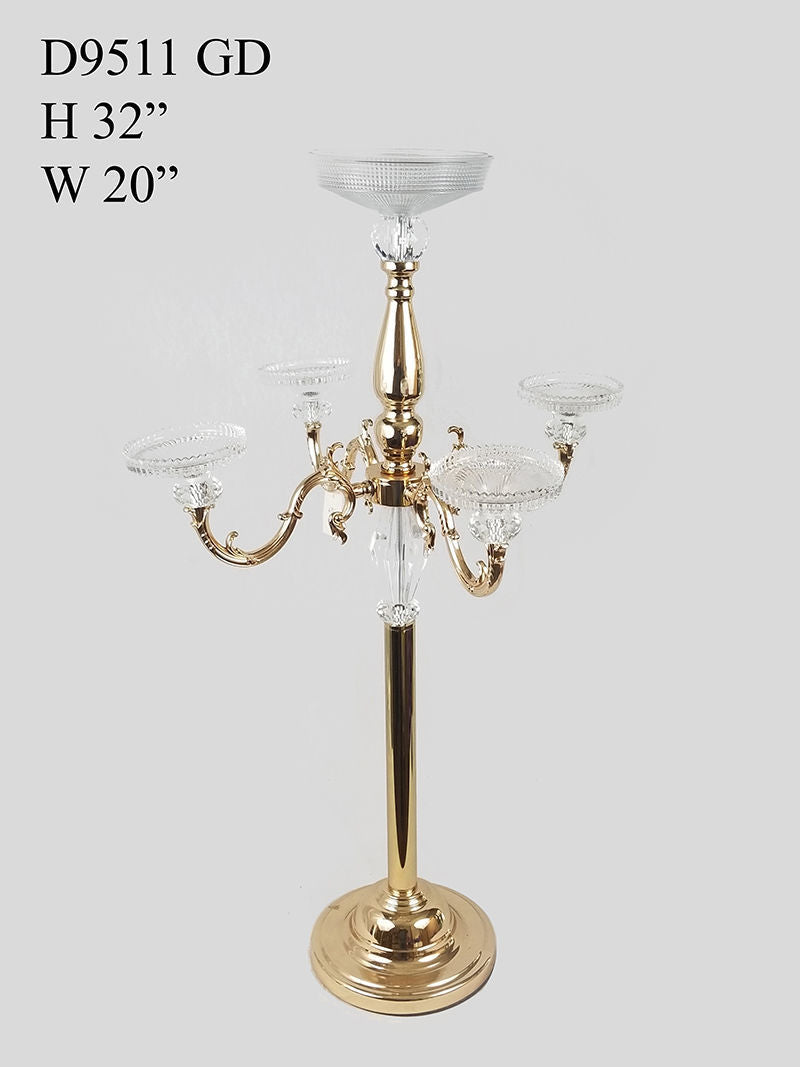 D9511 Gold -  Metal Candelabra with Acrylic 4 Arms  and 1 Center Candle Holder 32"