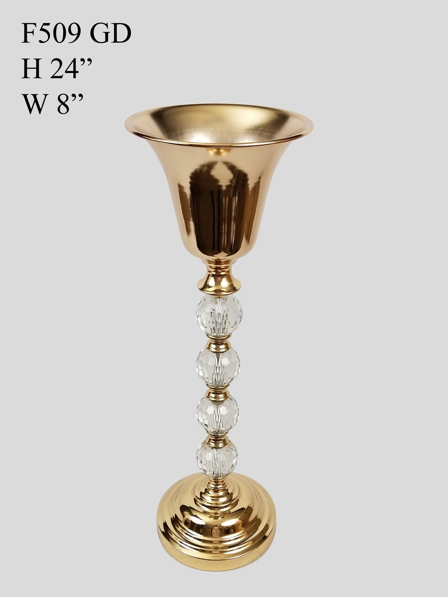 F509 GD - Gold Metallic Pillar Flower Stand and Goblet With Clear Crystal Balls 24"