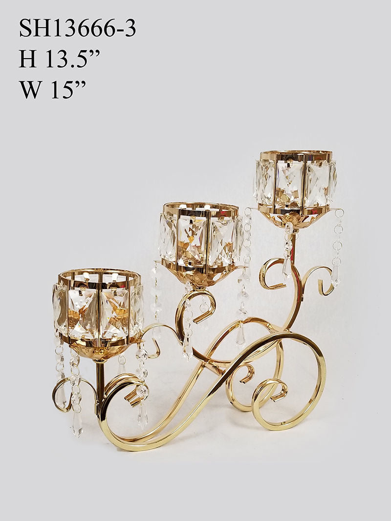 SH13666-3 - Gold 3 Arm Candle Holder with Crystal 13.5"