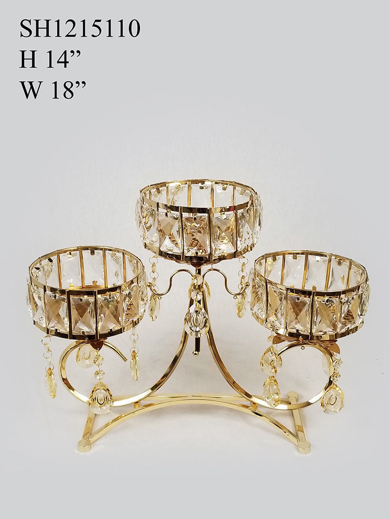 SH1215110 - Gold 3 Arm Candle Holder with Crystal 14"