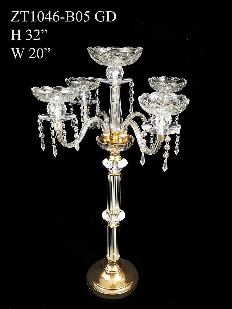 ZT1046-B05 - Clear Crystal Candelabra 4 Arms and 1 Flower Riser 32"