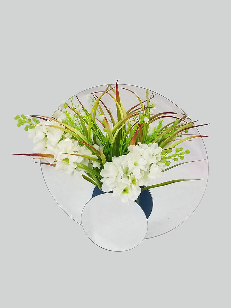 MRD-3460  -  12" Beveled Round Wall Mirror Decor with Artificial Plant