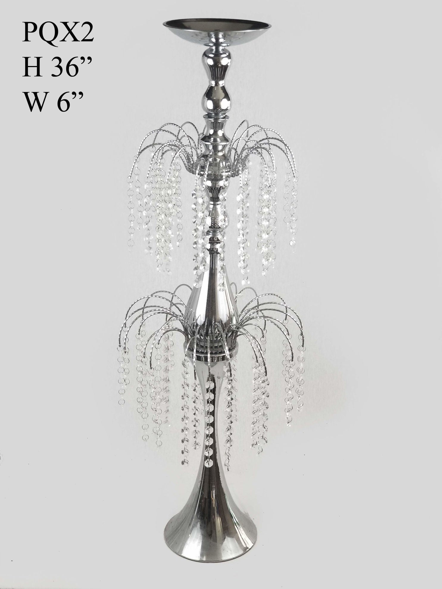 PQX2 - Silver Metal Flower Stand with Two Tier Crystal Chain Chandelier Stand 36"