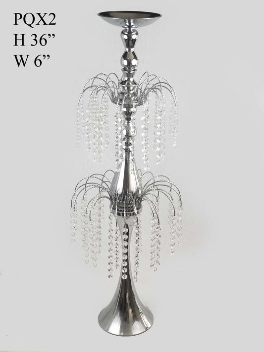 PQX2 - Silver Metal Flower Stand with Two Tier Crystal Chain Chandelier Stand 36"