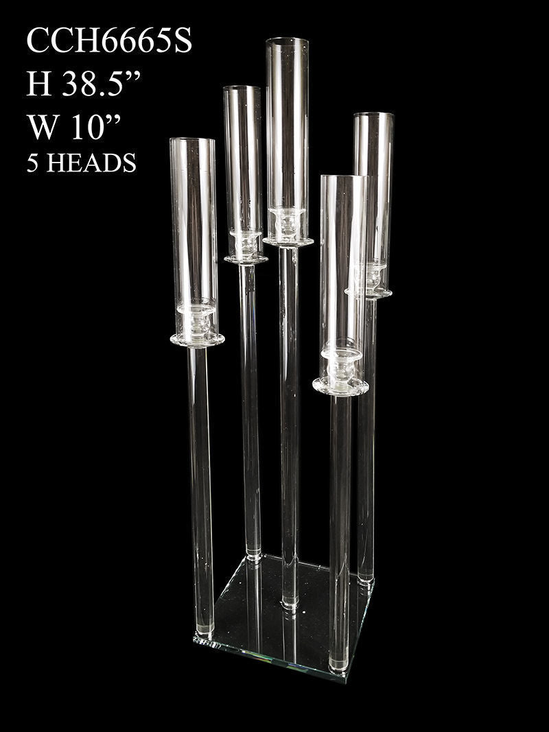 CCH6665S - 5 Head Candlestick Holders  with Hurricane Tubes Wedding Table Centerpiece 38.5"