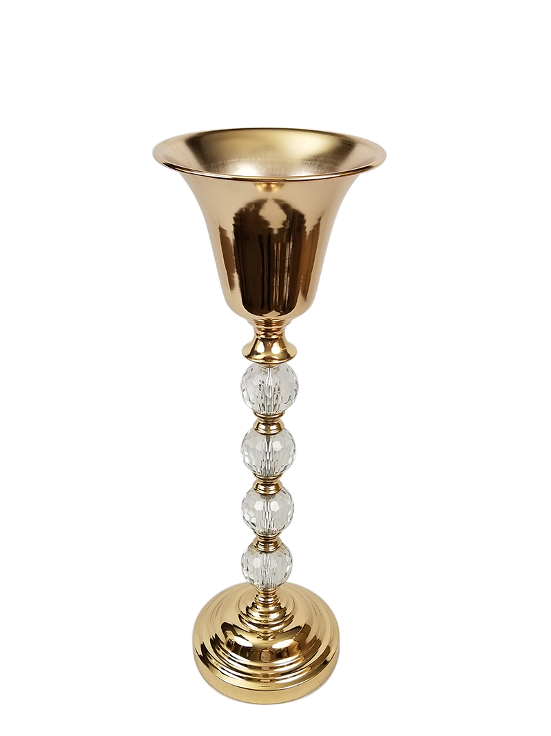 F509 GD - Gold Metallic Pillar Flower Stand and Goblet With Clear Crystal Balls 24"