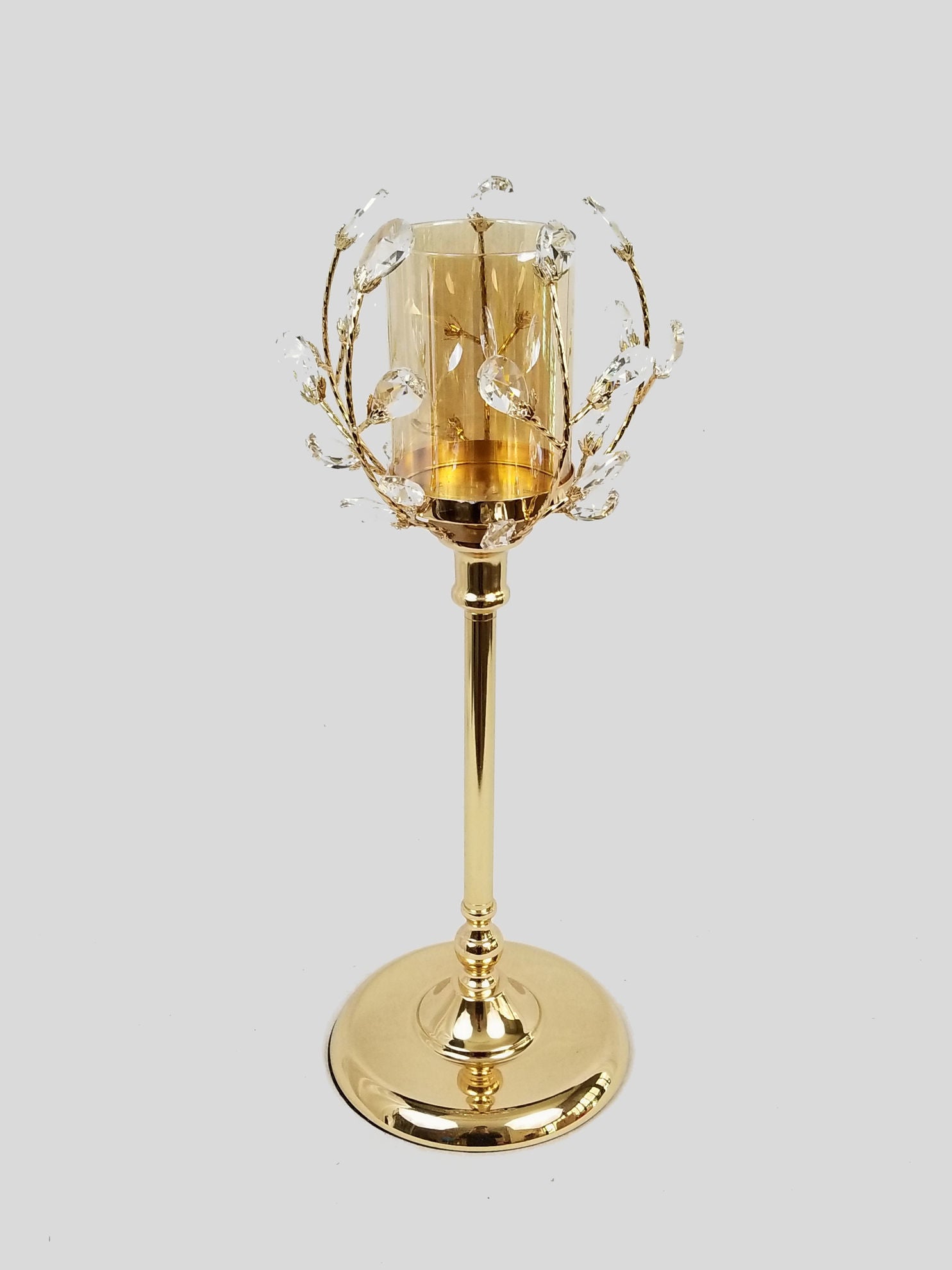 CH5462 Gold - Candle Holder With Flower Crystal Design and Hurricane Glass Tube