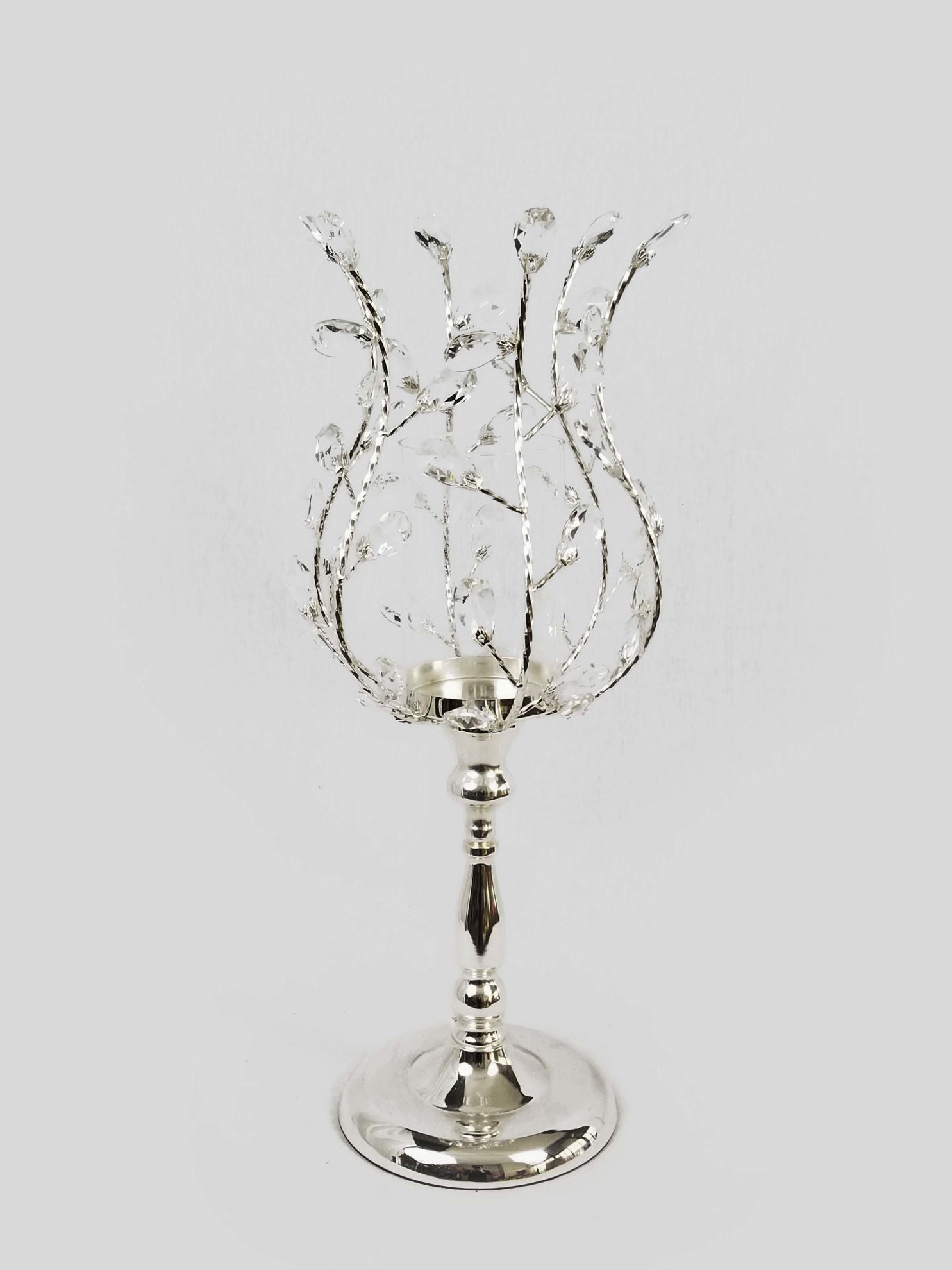 CH5439 SIlver - Candle Holder With Flower Crystal Design and Hurricane Glass Tube