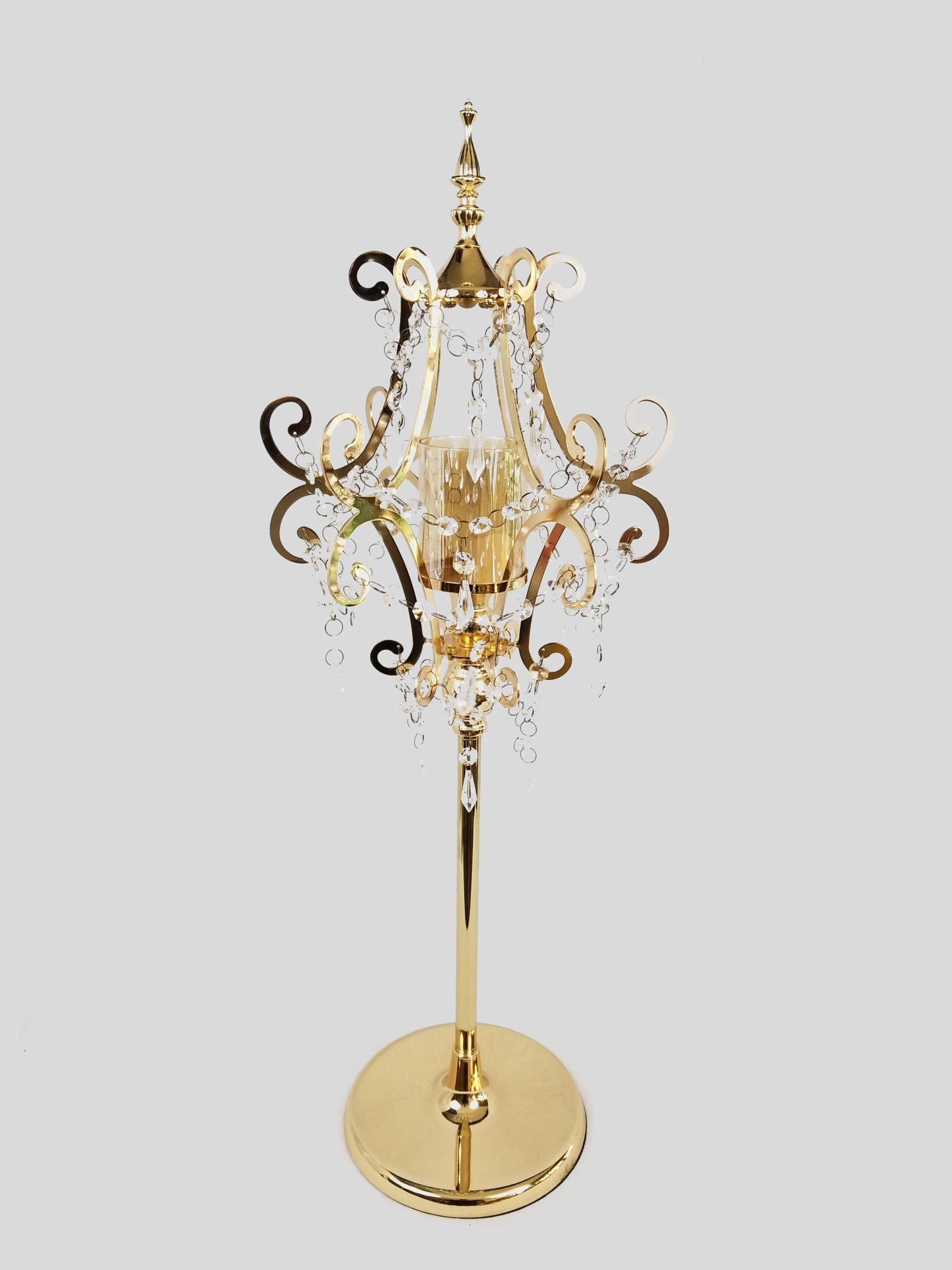 CH5457 Gold - Candle Holder With Pentagon Crystal Design and Hurricane Glass Tube