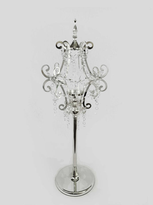 CH5458 Silver - Candle Holder With Pentagon Crystal Design and Hurricane Glass Tube