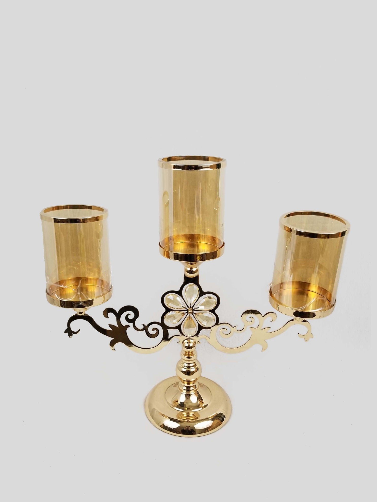 CH5440 Gold - Trio Hurricane Glass Candle Holder  With Flower Crystal Design