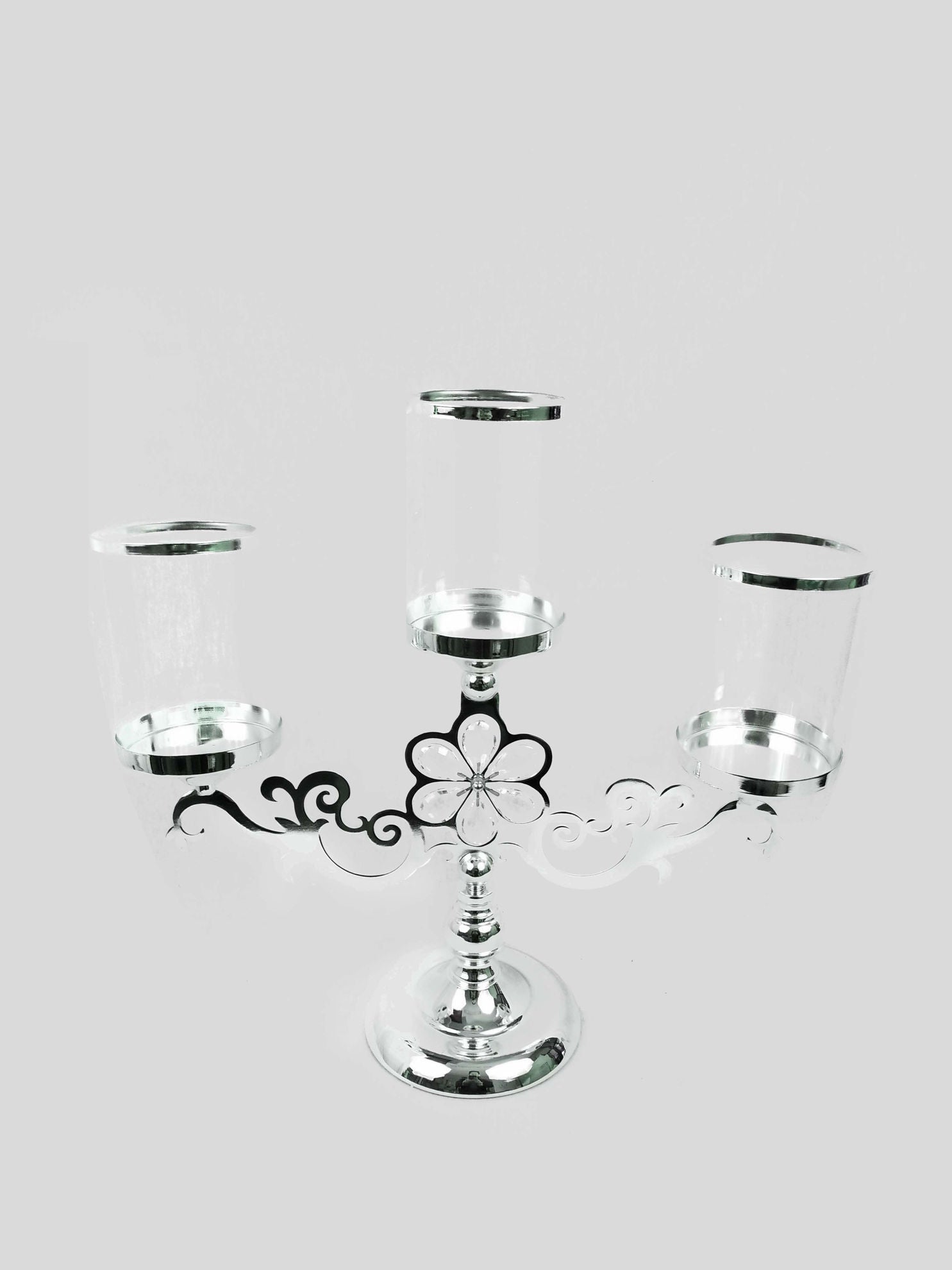 CH5441 Silver - Trio Hurricane Glass Candle Holder  With Flower Crystal Design
