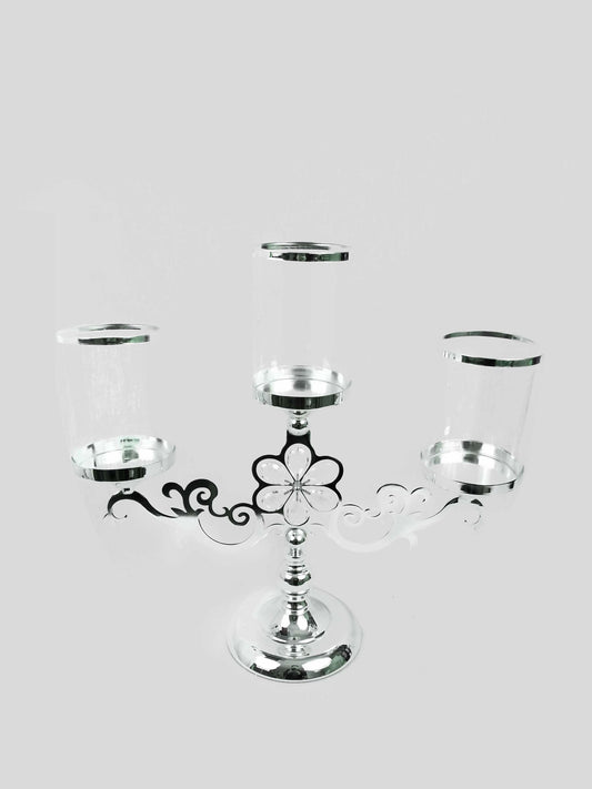 CH5441 Silver - Trio Hurricane Glass Candle Holder  With Flower Crystal Design