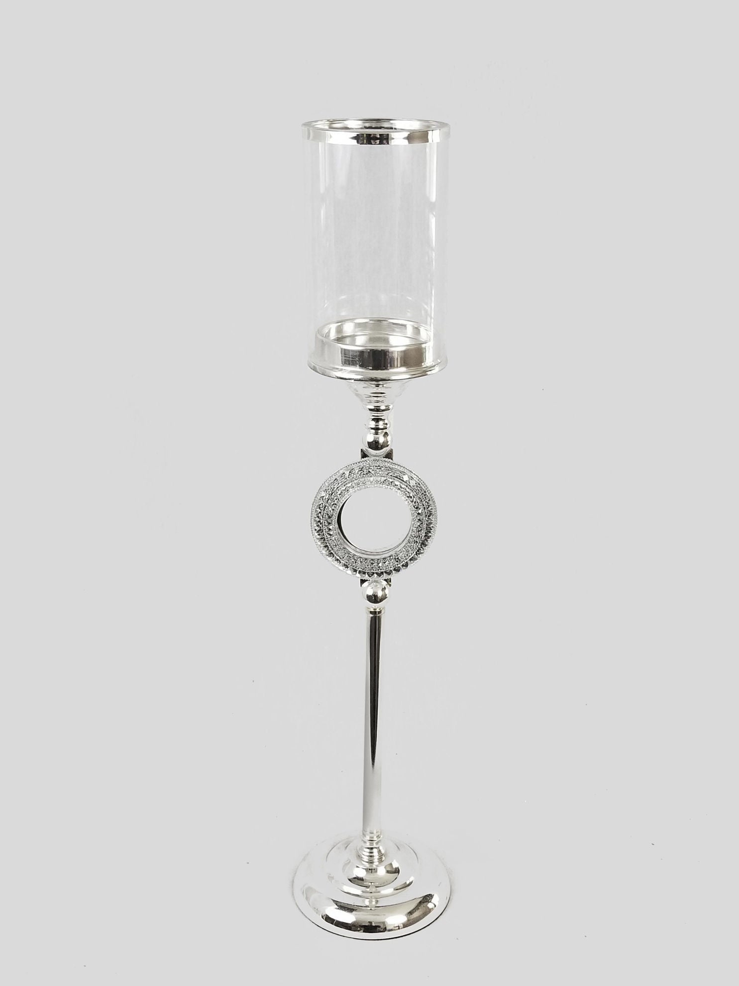 CH5466 Silver - Candle Holder With Circle Crystal Design and Hurricane Glass Tube