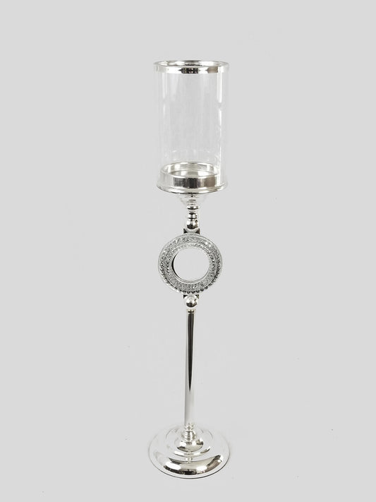 CH5466 Silver - Candle Holder With Circle Crystal Design and Hurricane Glass Tube